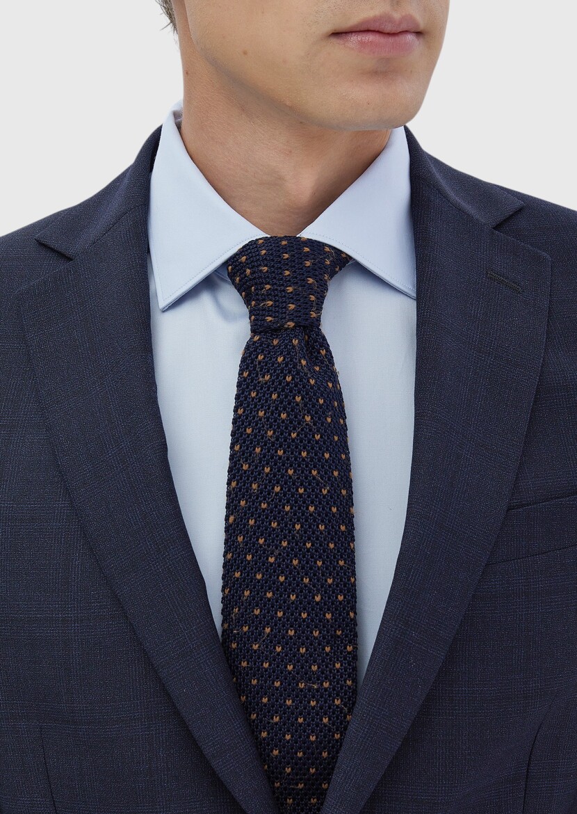 Navy Blue Patterned Modern Fit 100% Wool Suit - 4