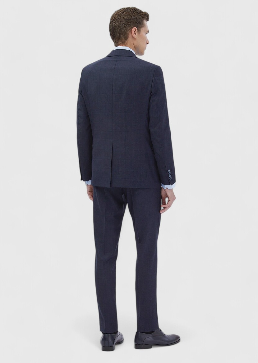 Navy Blue Patterned Modern Fit 100% Wool Suit - 6