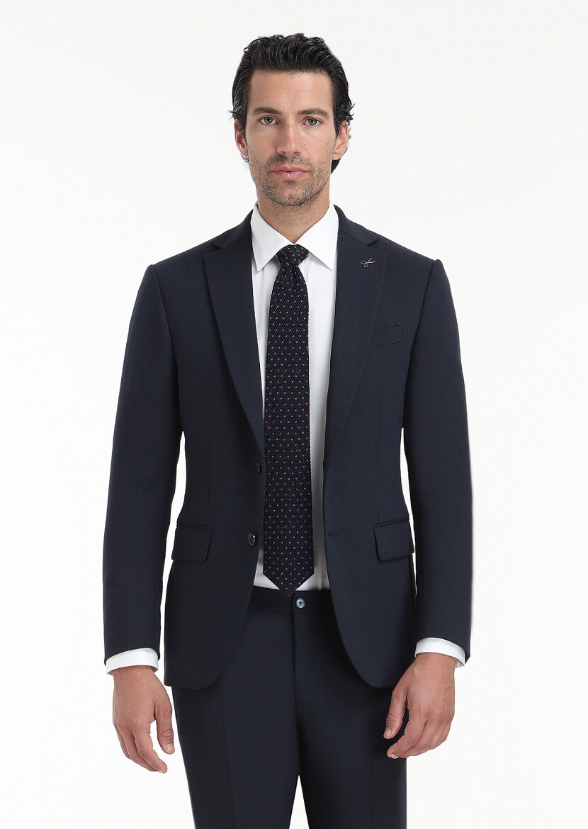 Navy Blue Patterned Modern Fit Wool Blended Suit - 1