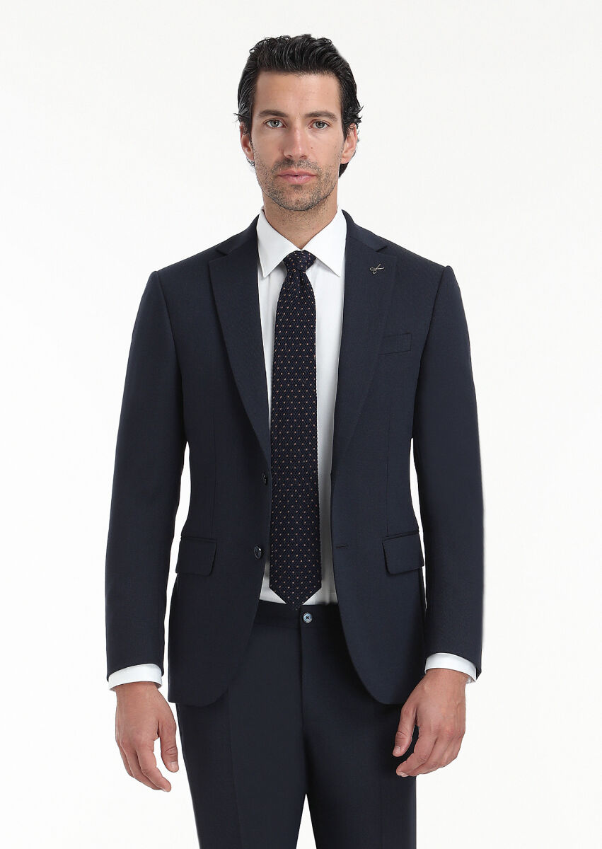 Navy Blue Patterned Modern Fit Wool Blended Suit - 1
