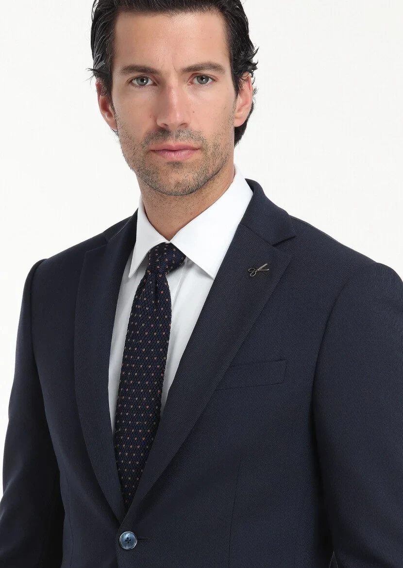 Navy Blue Patterned Modern Fit Wool Blended Suit - 3