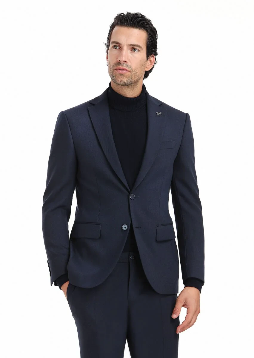 Navy Blue Patterned Modern Fit Wool Blended Suit - 4