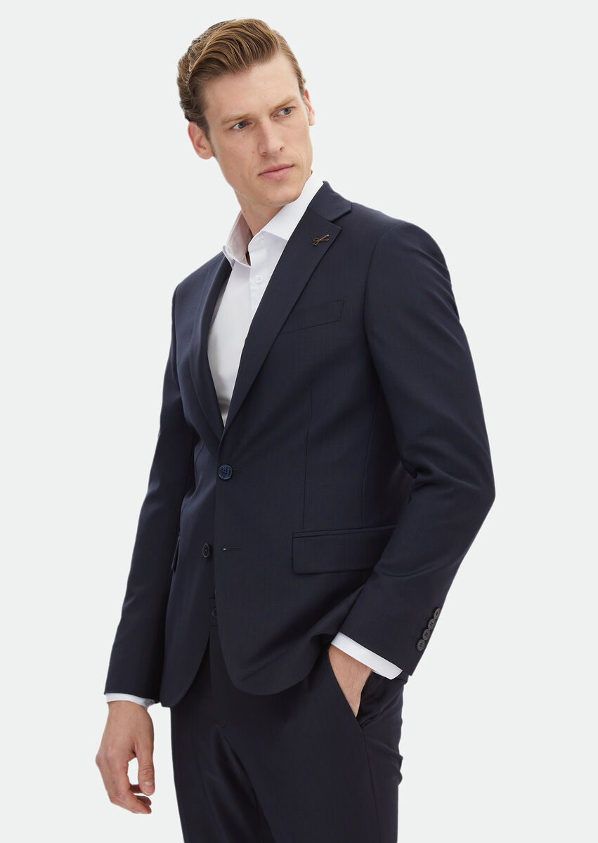 Navy Blue Patterned Modern Fit Wool Blended Suit - 1