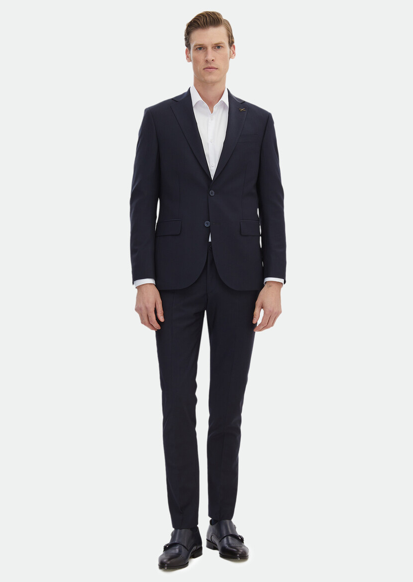 Navy Blue Patterned Modern Fit Wool Blended Suit - 2