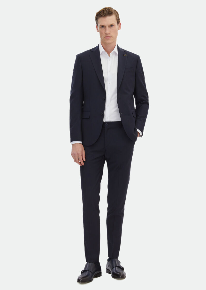 Navy Blue Patterned Modern Fit Wool Blended Suit - 3