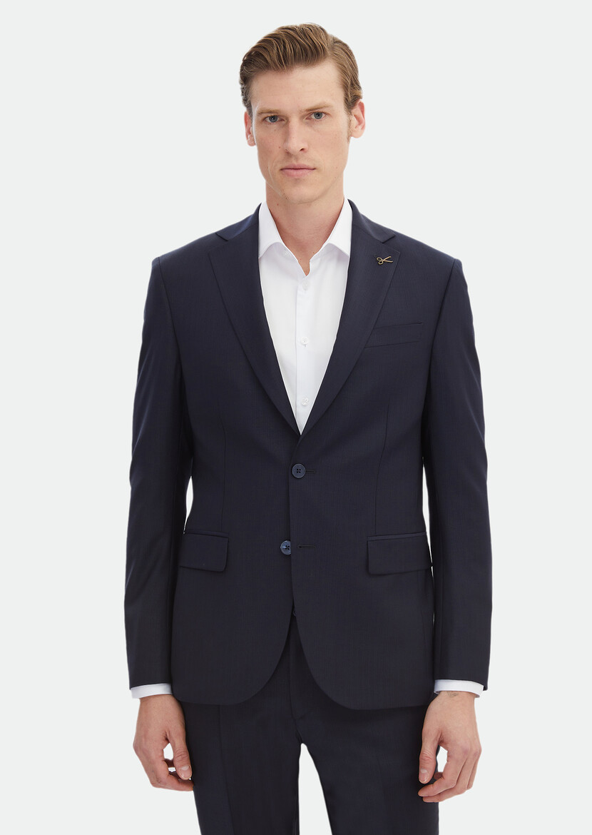 Navy Blue Patterned Modern Fit Wool Blended Suit - 4