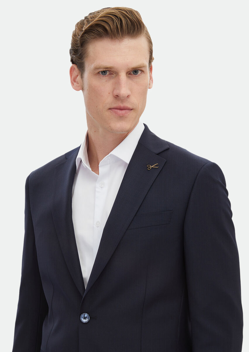 Navy Blue Patterned Modern Fit Wool Blended Suit - 5