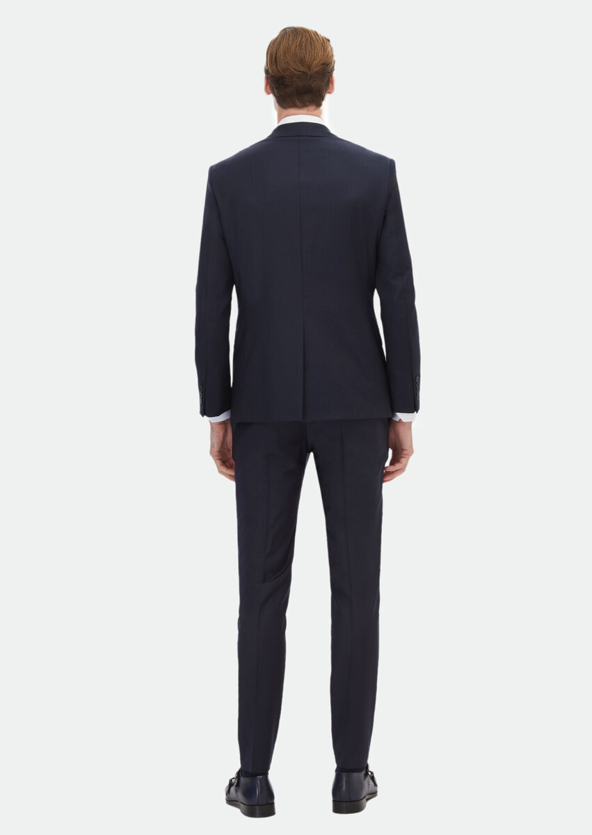 Navy Blue Patterned Modern Fit Wool Blended Suit - 8