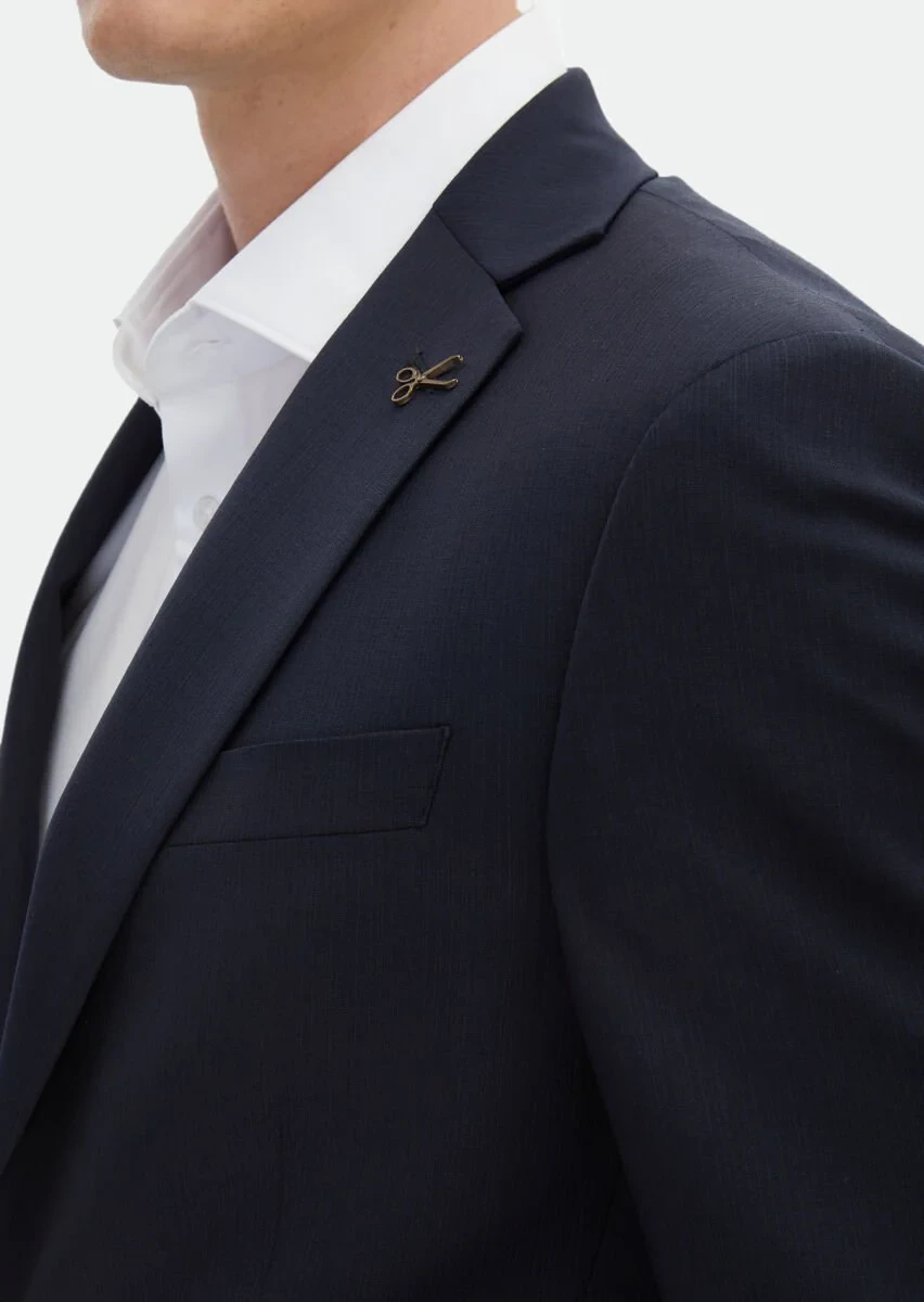 Navy Blue Patterned Modern Fit Wool Blended Suit - 6