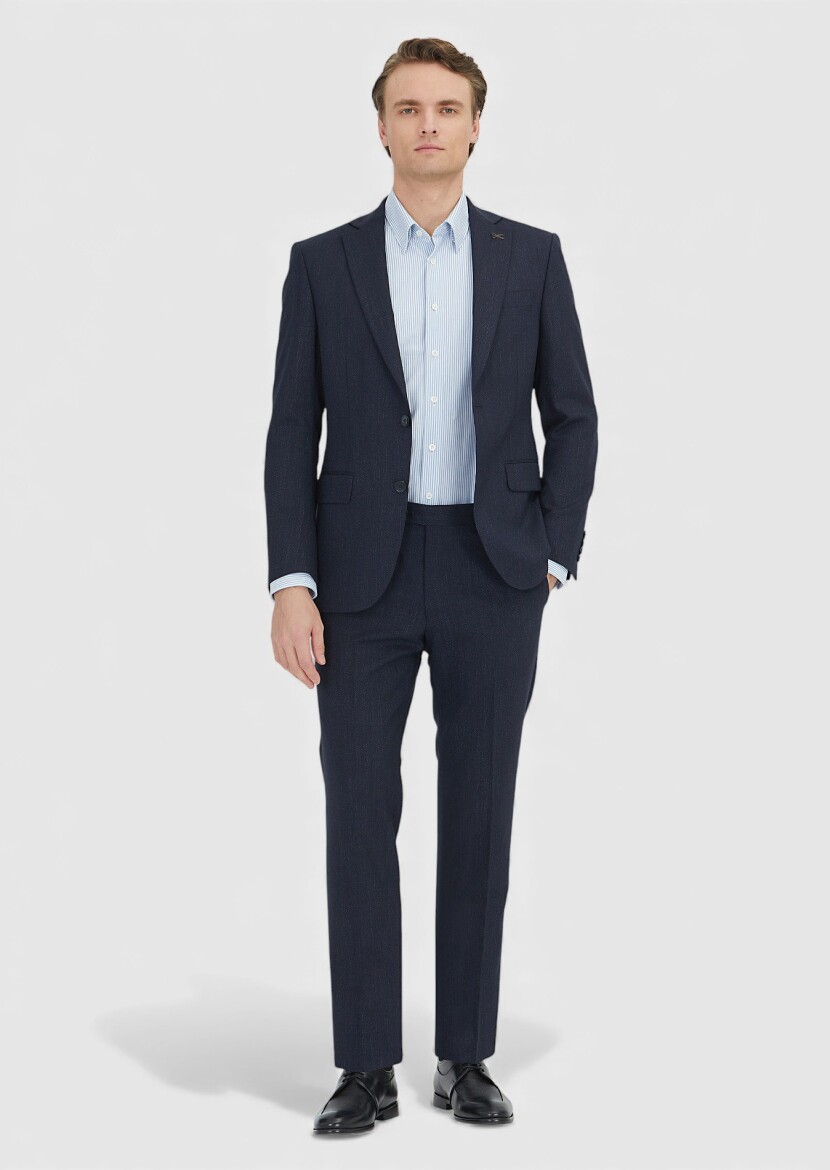 Navy Blue Patterned Modern Fit Wool Blended Suit - 1