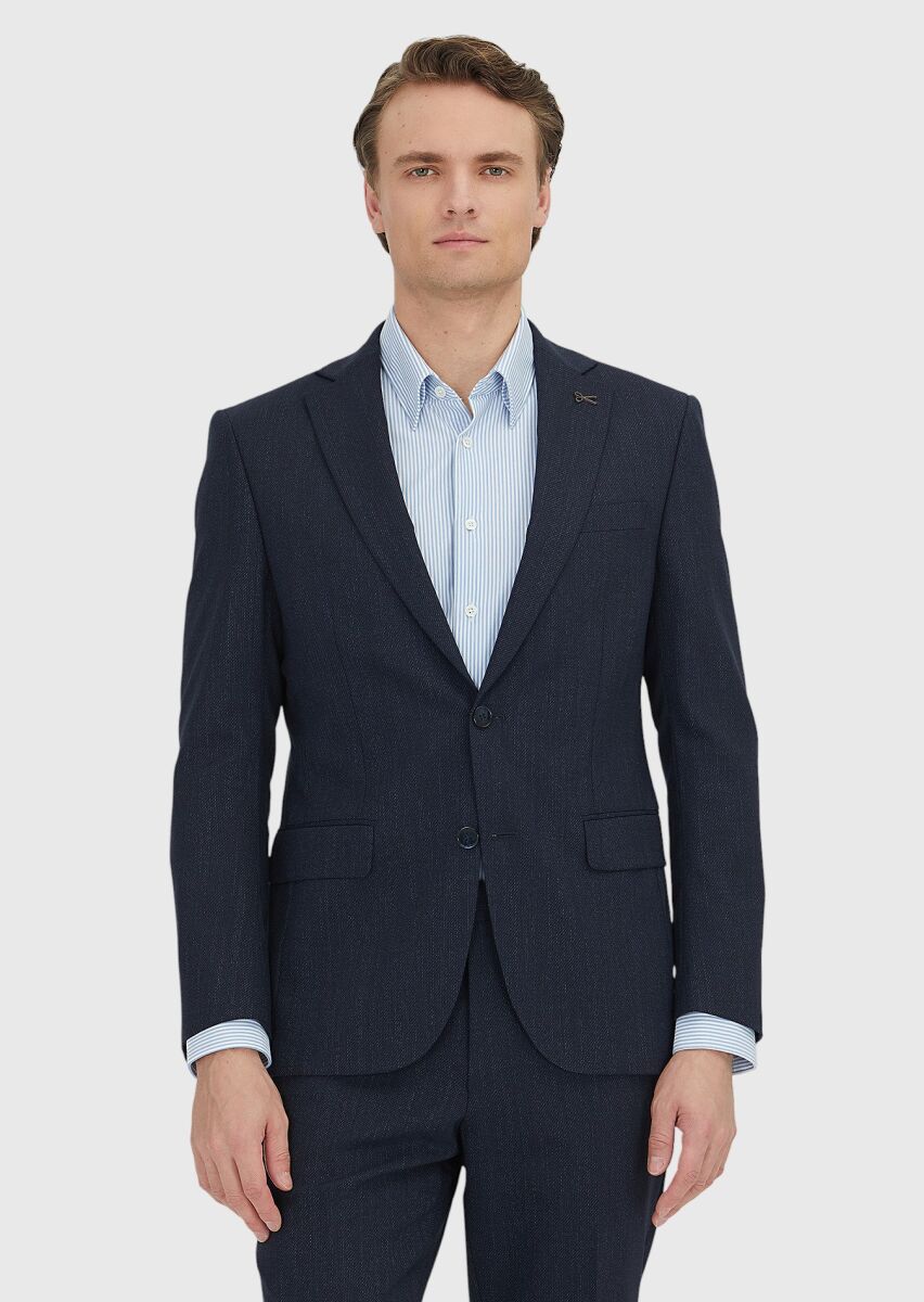 Navy Blue Patterned Modern Fit Wool Blended Suit - 2