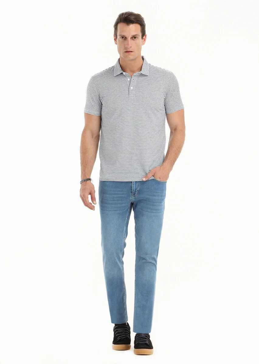 Navy Blue Patterned Polo Neck Cotton Blended T-Shirt - 1