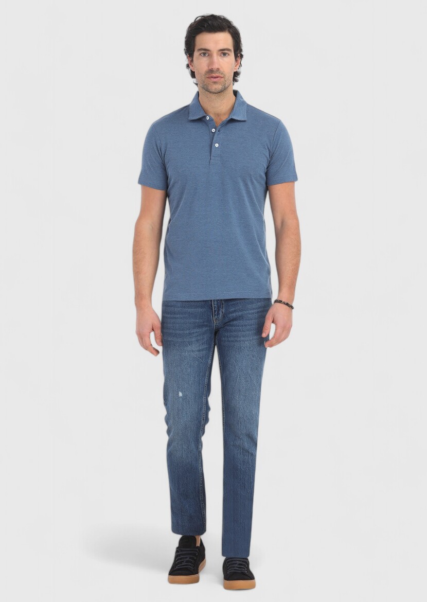 Navy Blue Patterned Polo Neck Cotton Blended T-Shirt 