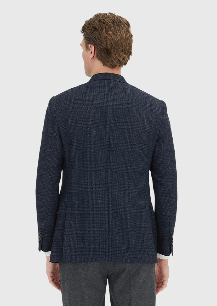 Navy Blue Patterned Regular Fit 100% Wool Jacket - 5