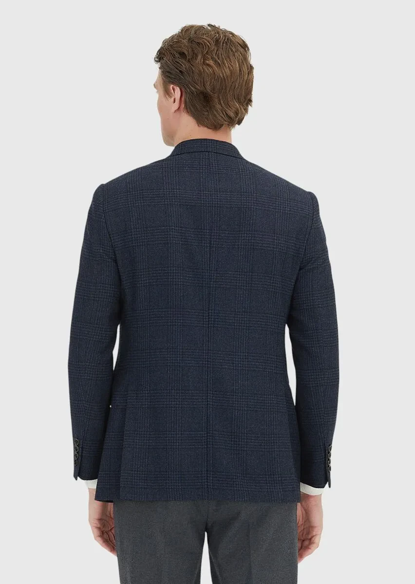 Navy Blue Patterned Regular Fit 100% Wool Jacket - 5