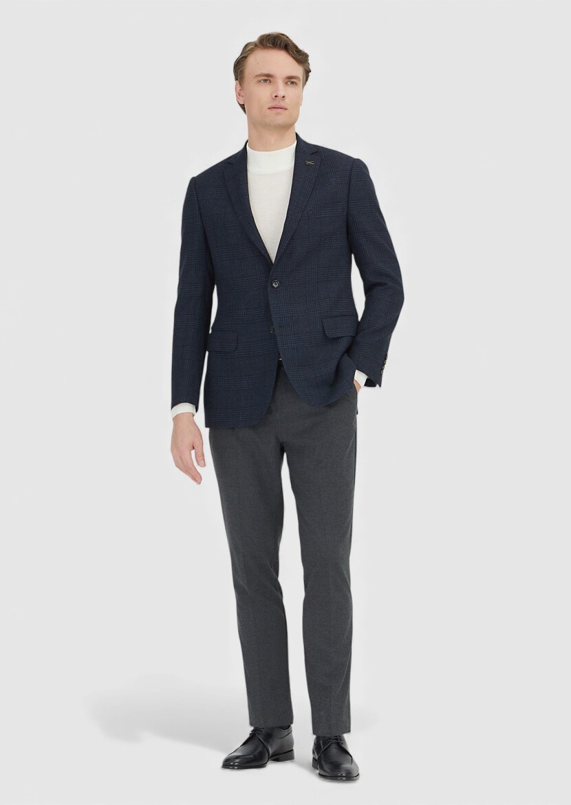 Navy Blue Patterned Regular Fit 100% Wool Jacket - RAMSEY