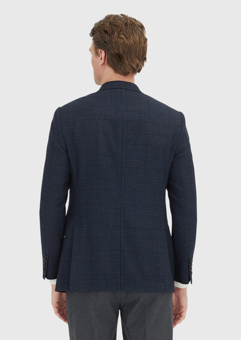 Navy Blue Patterned Regular Fit 100% Wool Jacket - 5