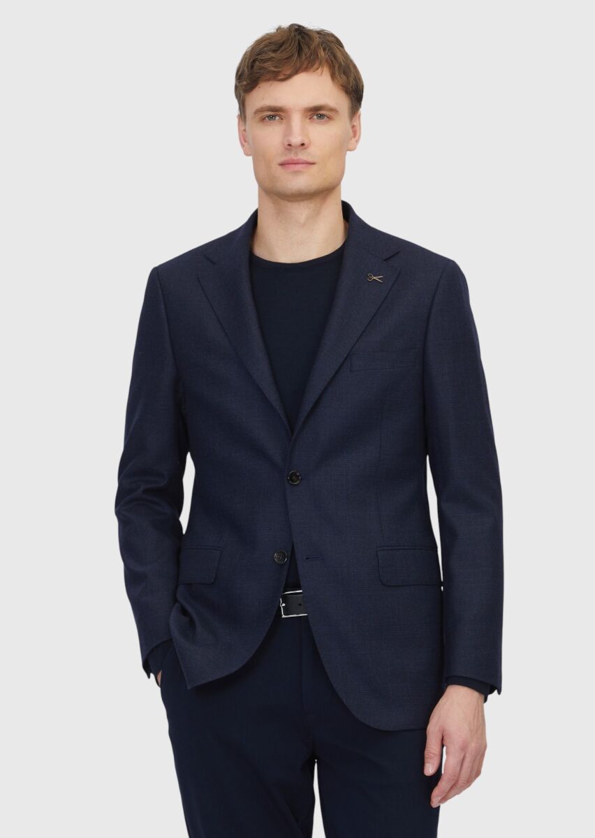 Navy Blue Patterned Regular Fit 100% Wool Jacket - 1