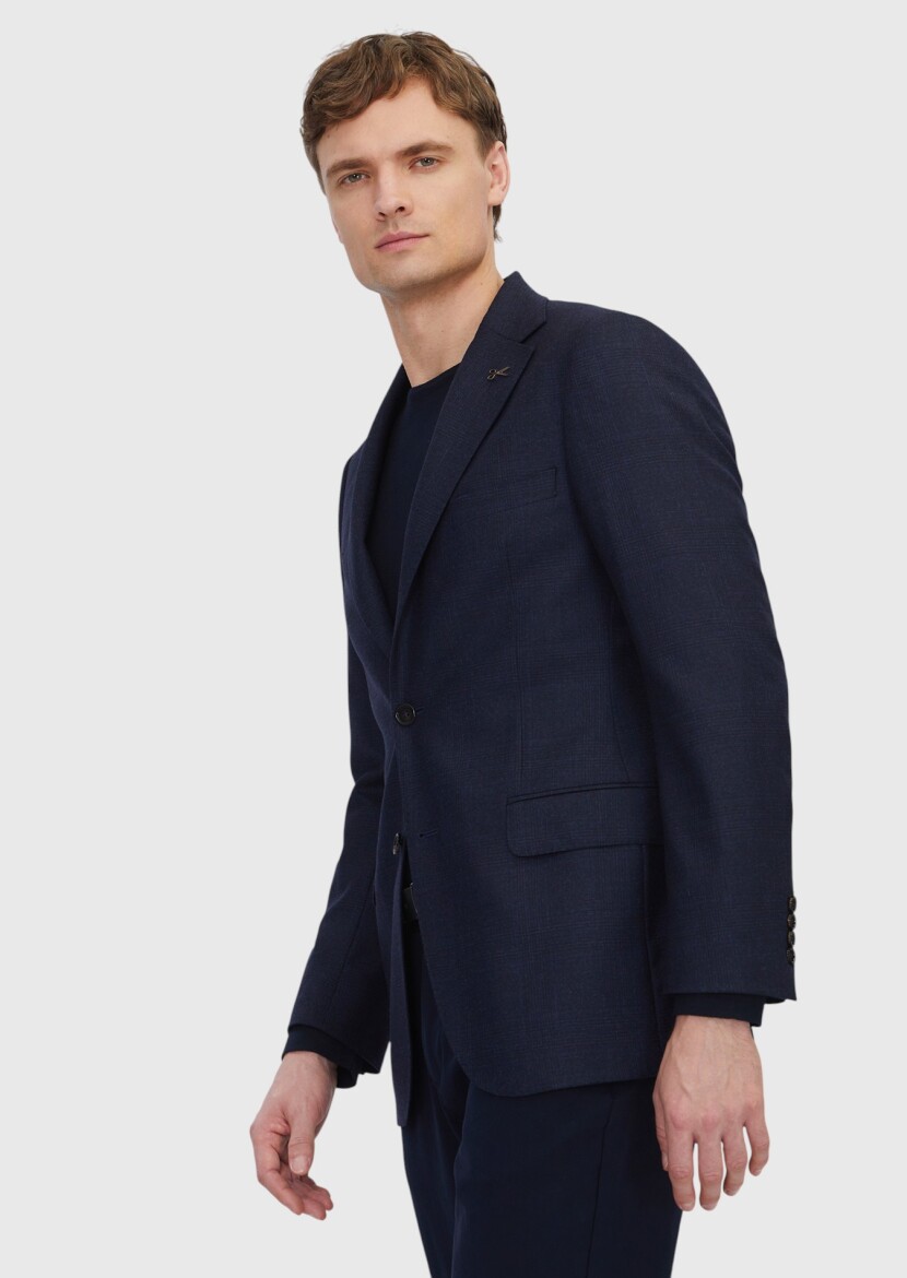 Navy Blue Patterned Regular Fit 100% Wool Jacket - 3