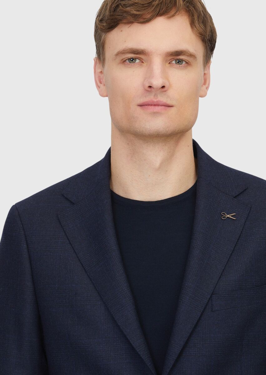 Navy Blue Patterned Regular Fit 100% Wool Jacket - 4