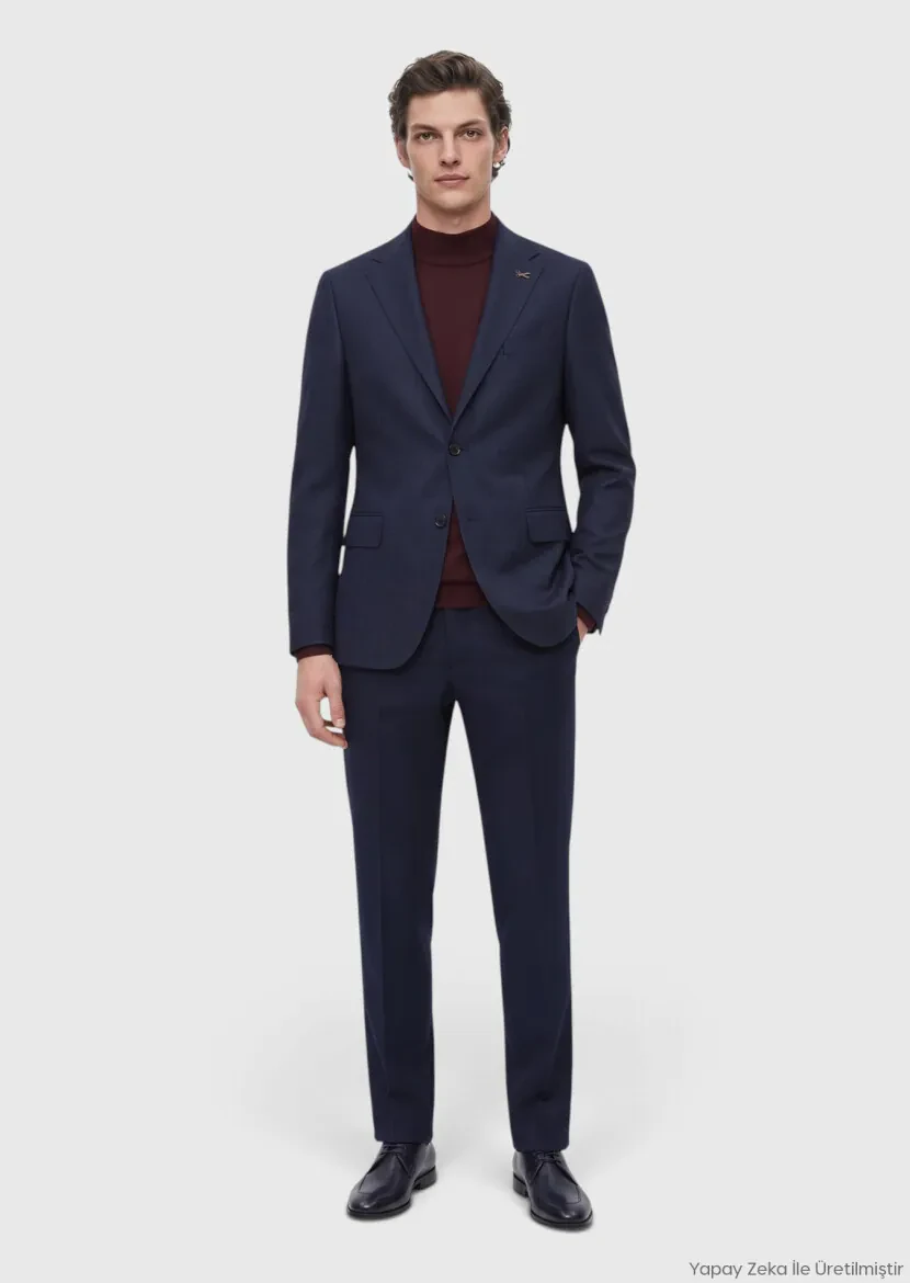Navy Blue Patterned Regular Fit 100% Wool Jacket - RAMSEY