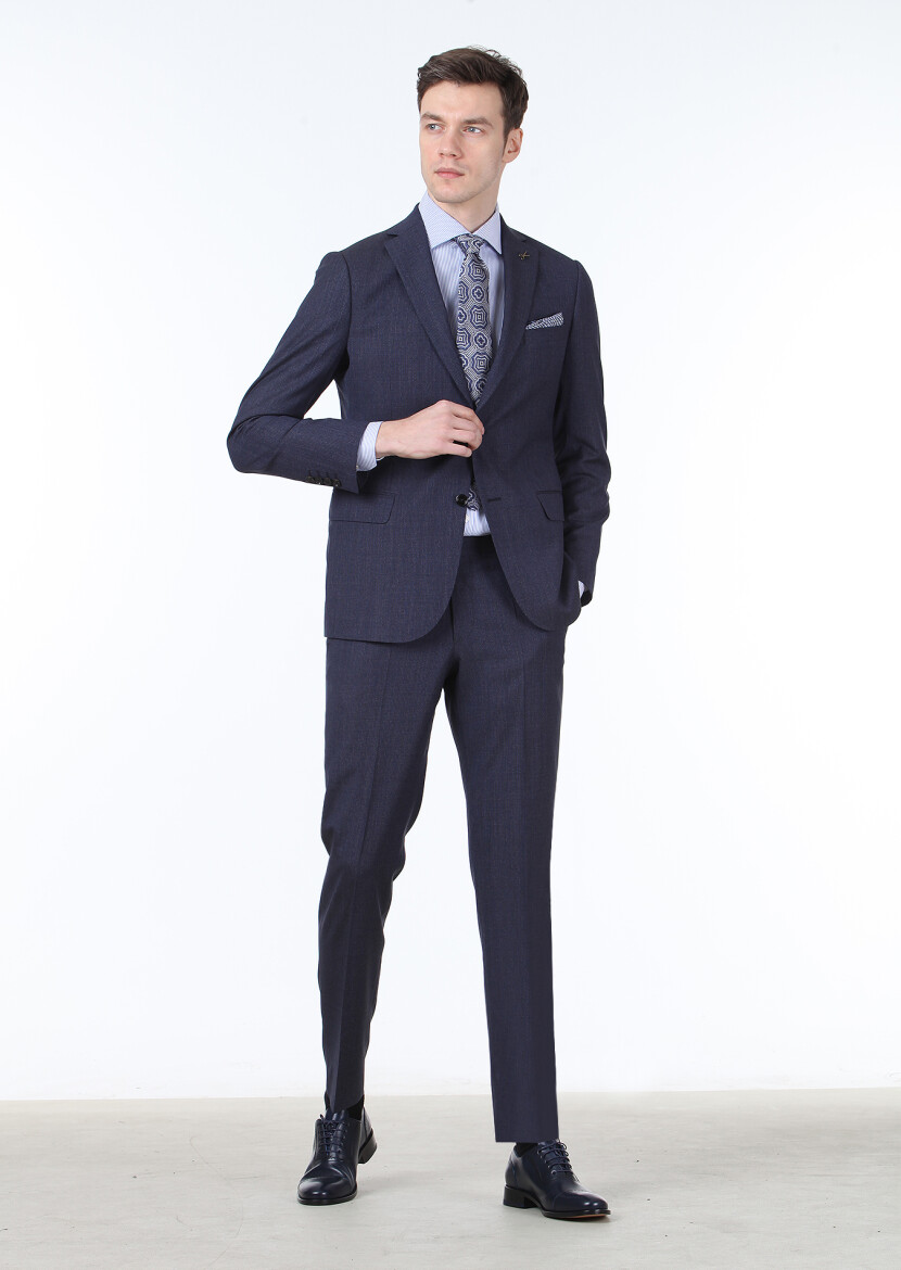 Navy Blue Patterned Regular Fit 100% Wool Suit - 3