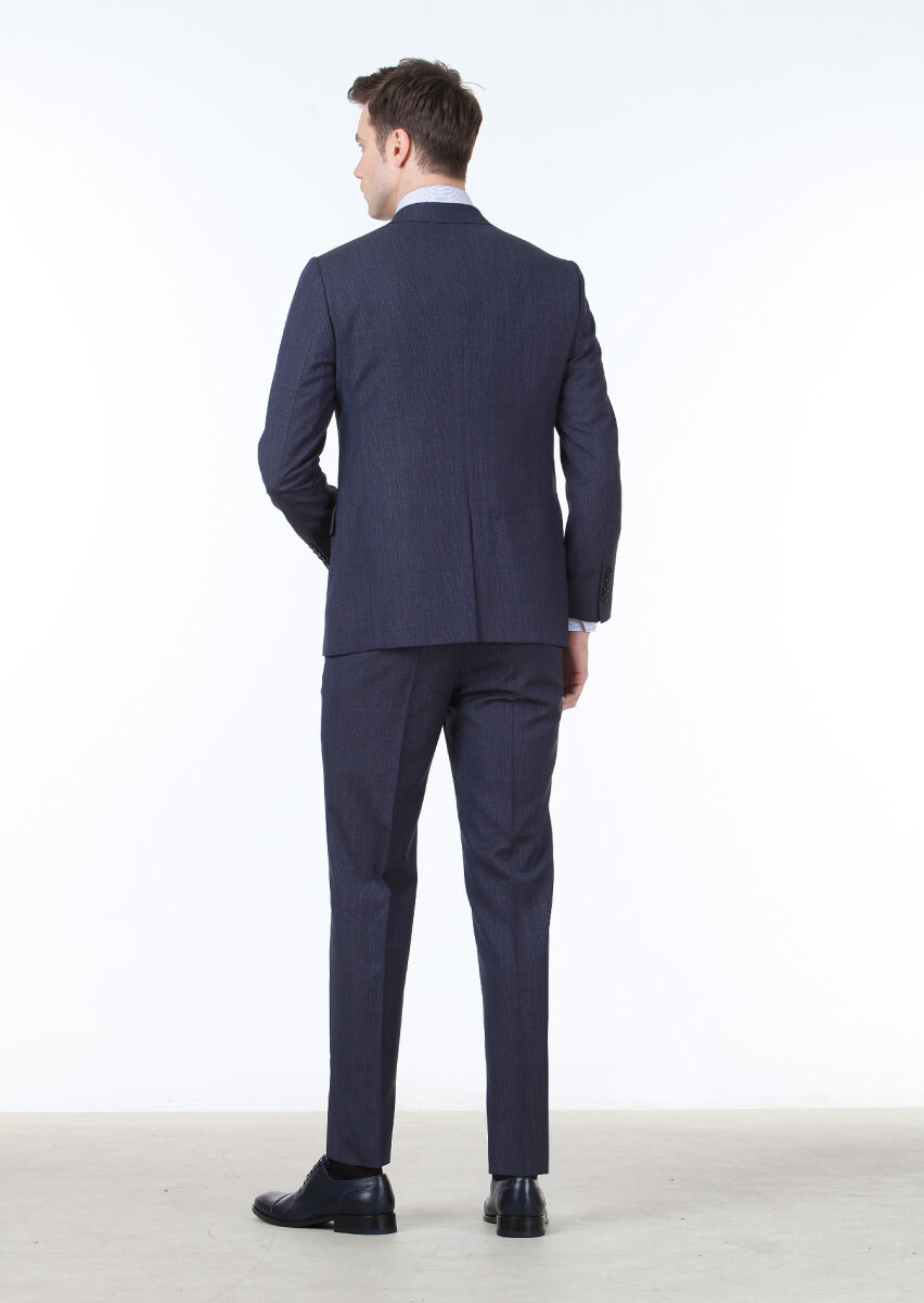 Navy Blue Patterned Regular Fit 100% Wool Suit - 4