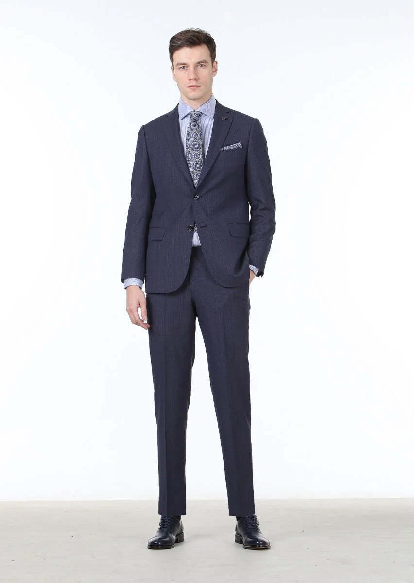 Navy Blue Patterned Regular Fit 100% Wool Suit - 1