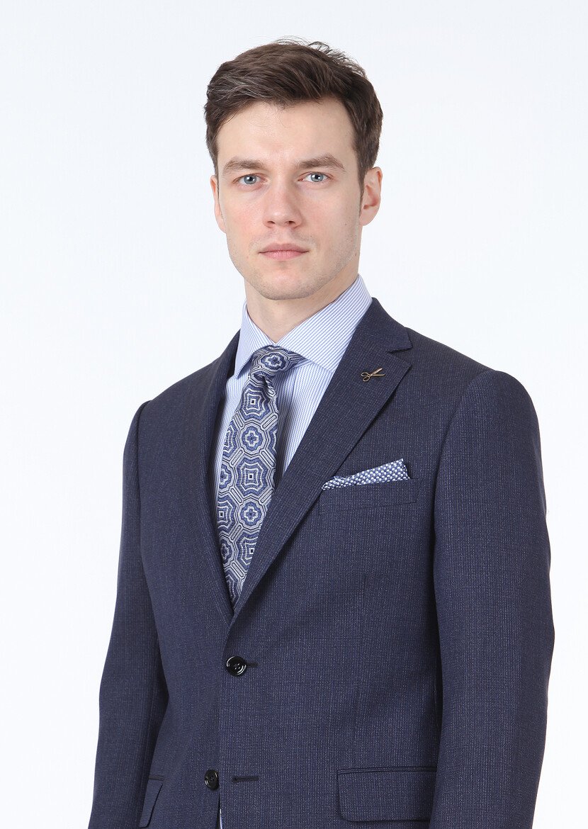 Navy Blue Patterned Regular Fit 100% Wool Suit - 2