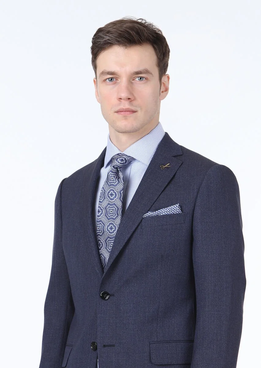 Navy Blue Patterned Regular Fit 100% Wool Suit - 2