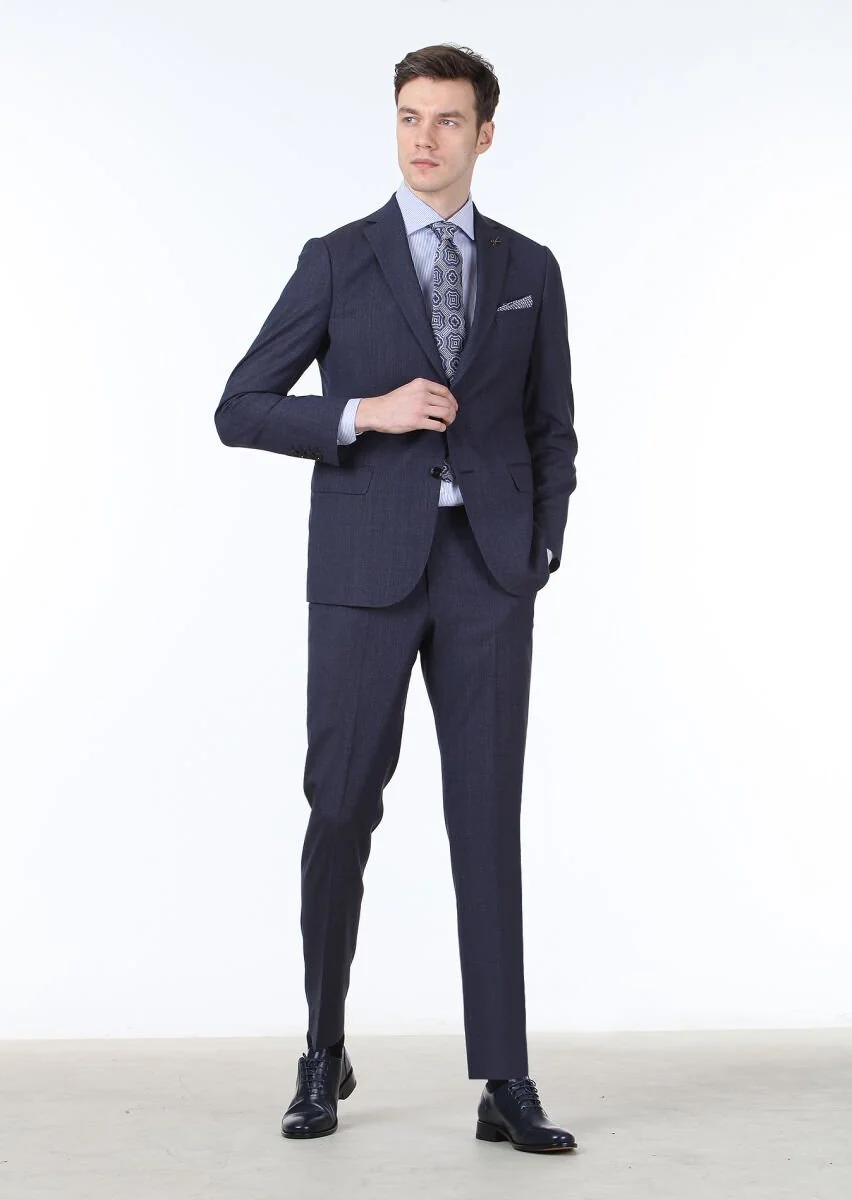 Navy Blue Patterned Regular Fit 100% Wool Suit - 3