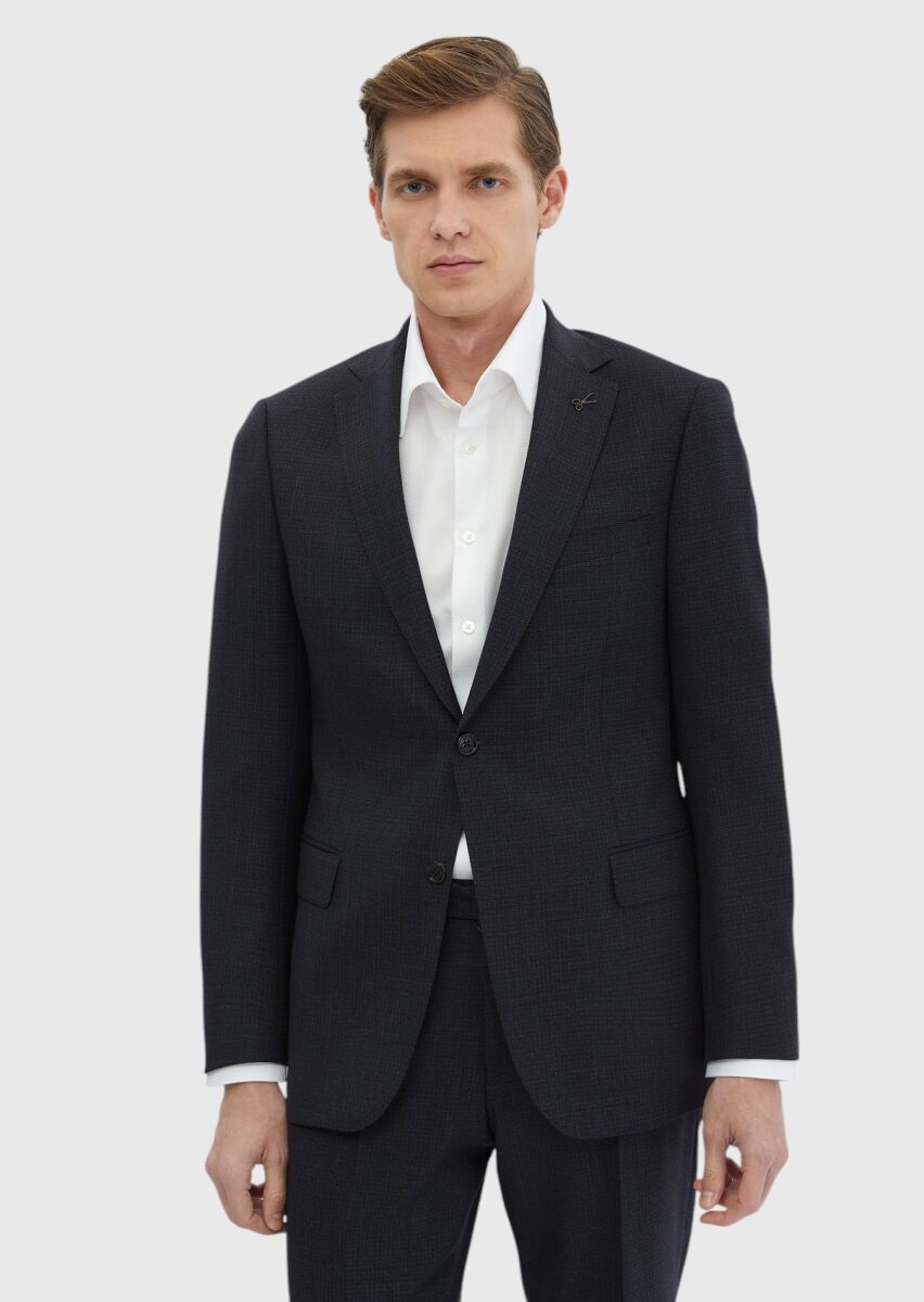 Navy Blue Patterned Regular Fit 100% Wool Suit - 1