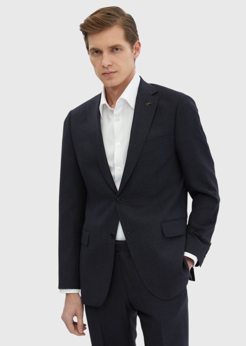 Navy Blue Patterned Regular Fit 100% Wool Suit - 3