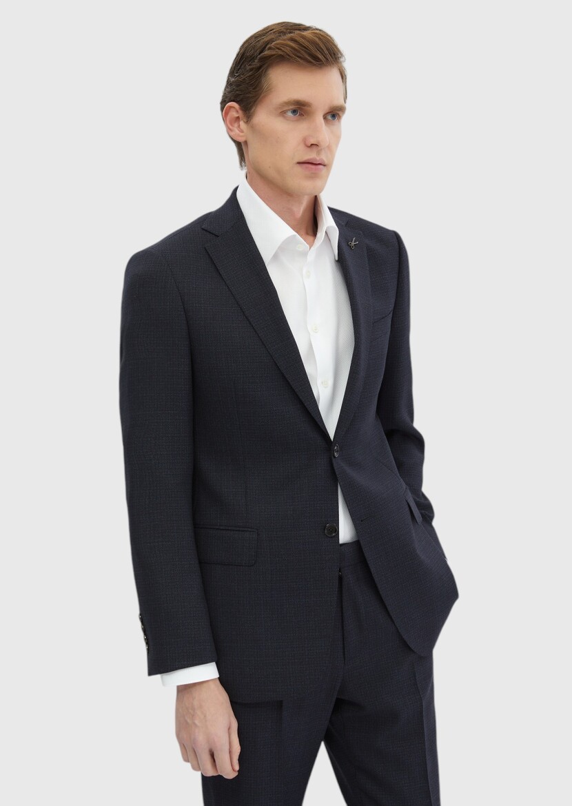 Navy Blue Patterned Regular Fit 100% Wool Suit - 4