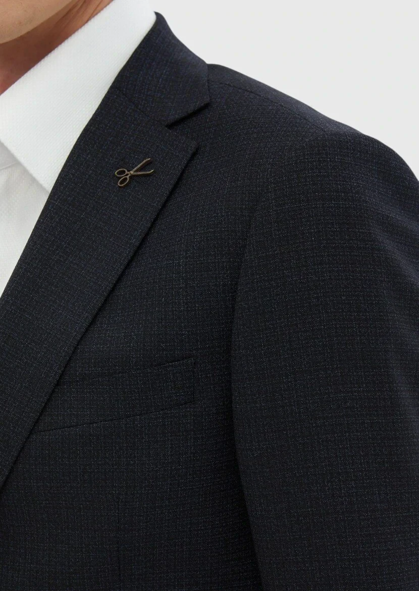 Navy Blue Patterned Regular Fit 100% Wool Suit - 6