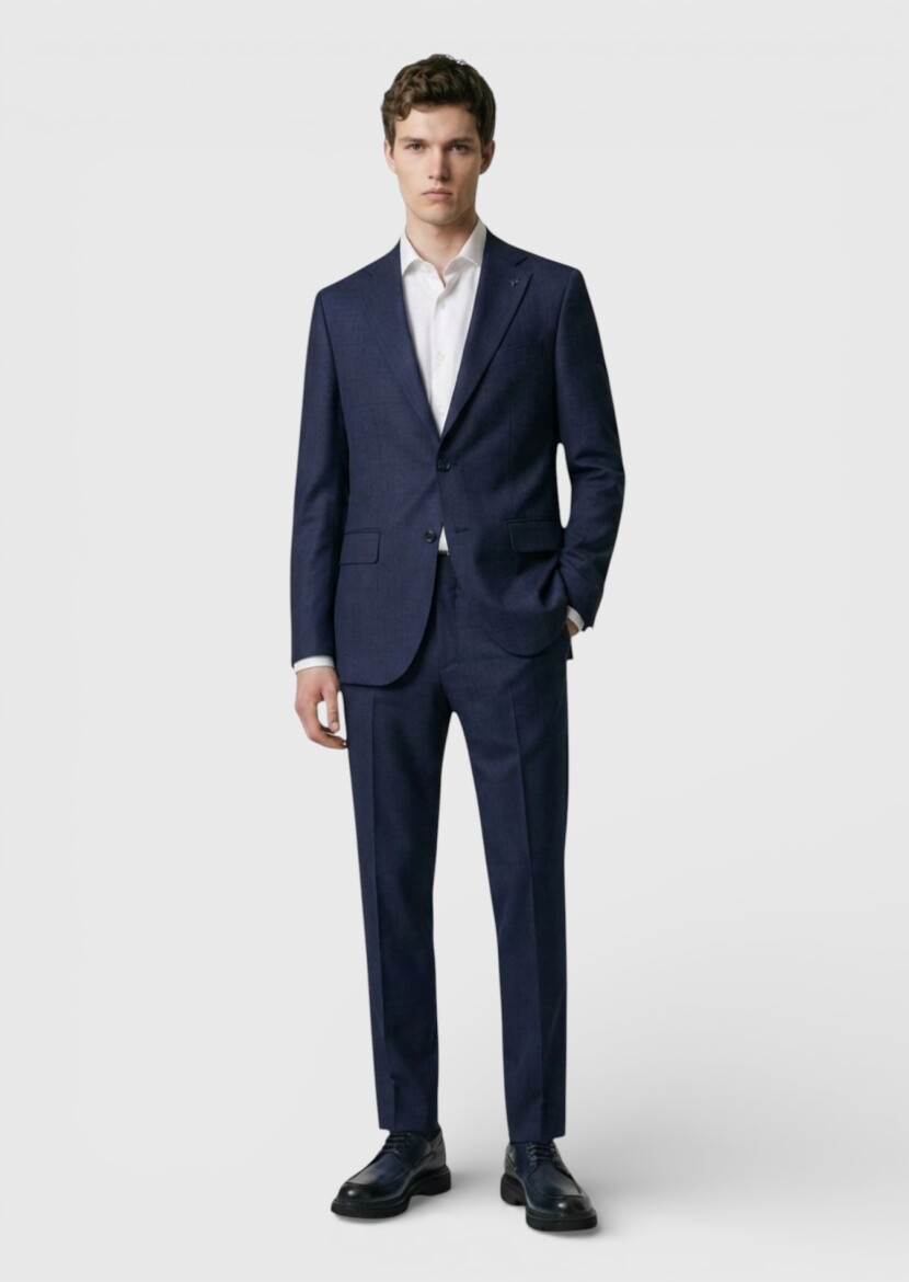 Navy Blue Patterned Regular Fit 100% Wool Suit - RAMSEY