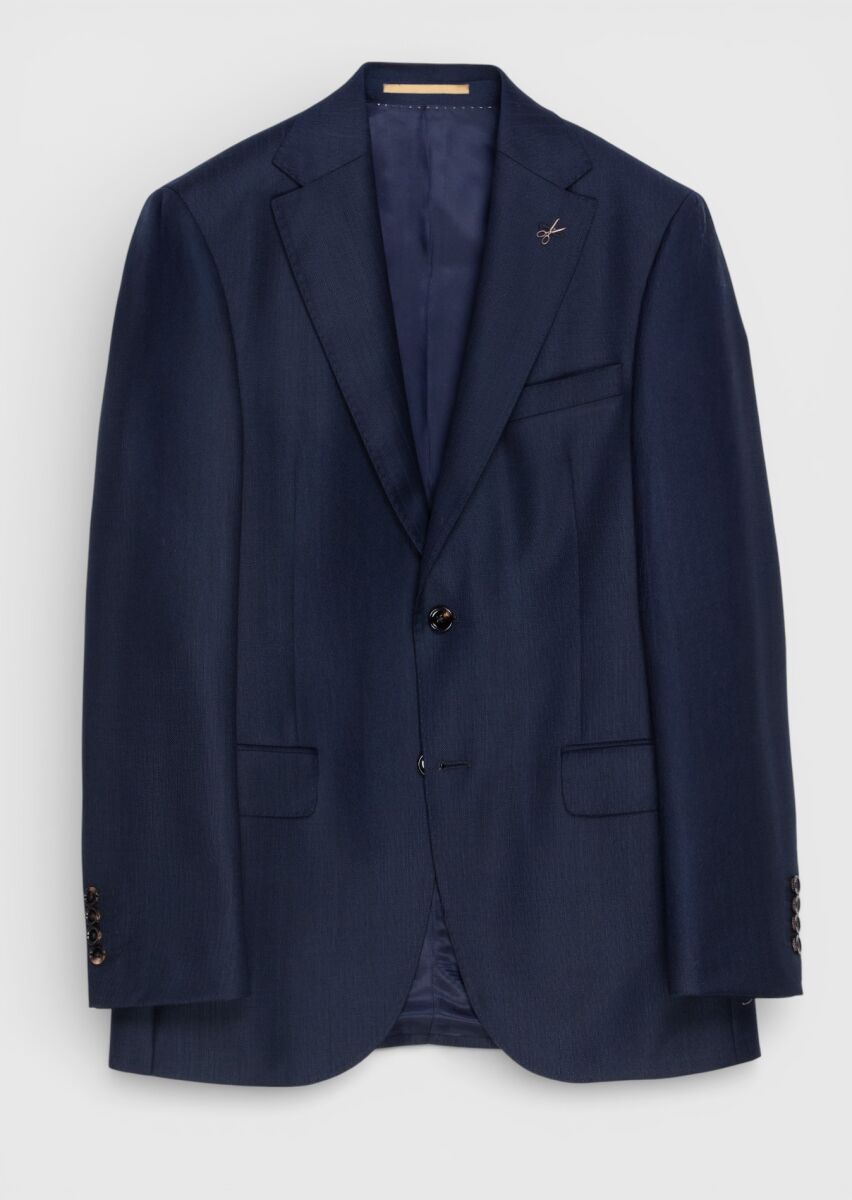 Navy Blue Patterned Regular Fit 100% Wool Suit - 5