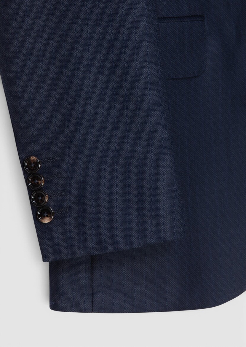 Navy Blue Patterned Regular Fit 100% Wool Suit - 7