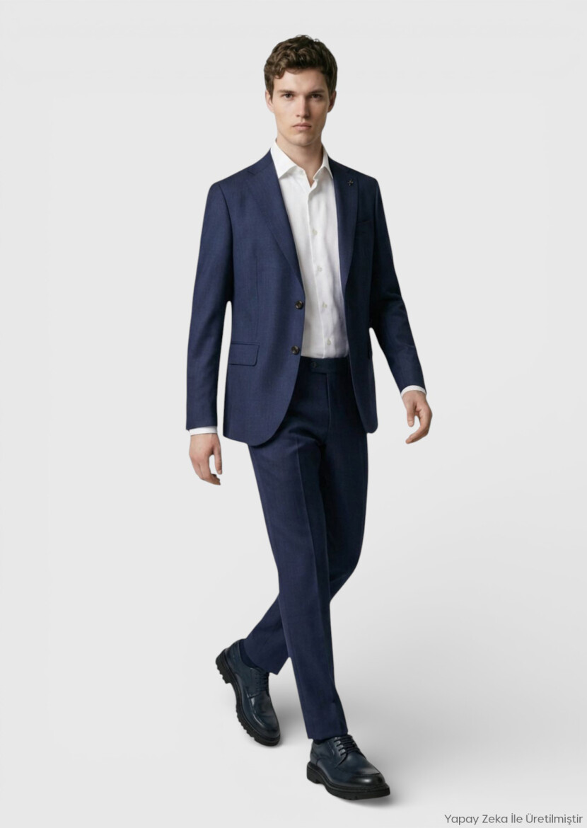 Navy Blue Patterned Regular Fit 100% Wool Suit - RAMSEY