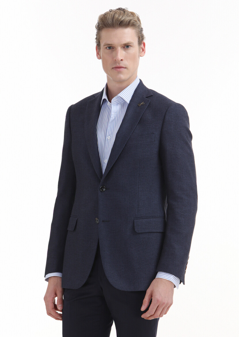 Navy Blue Patterned Regular Fit Cotton Blended Jacket - 1