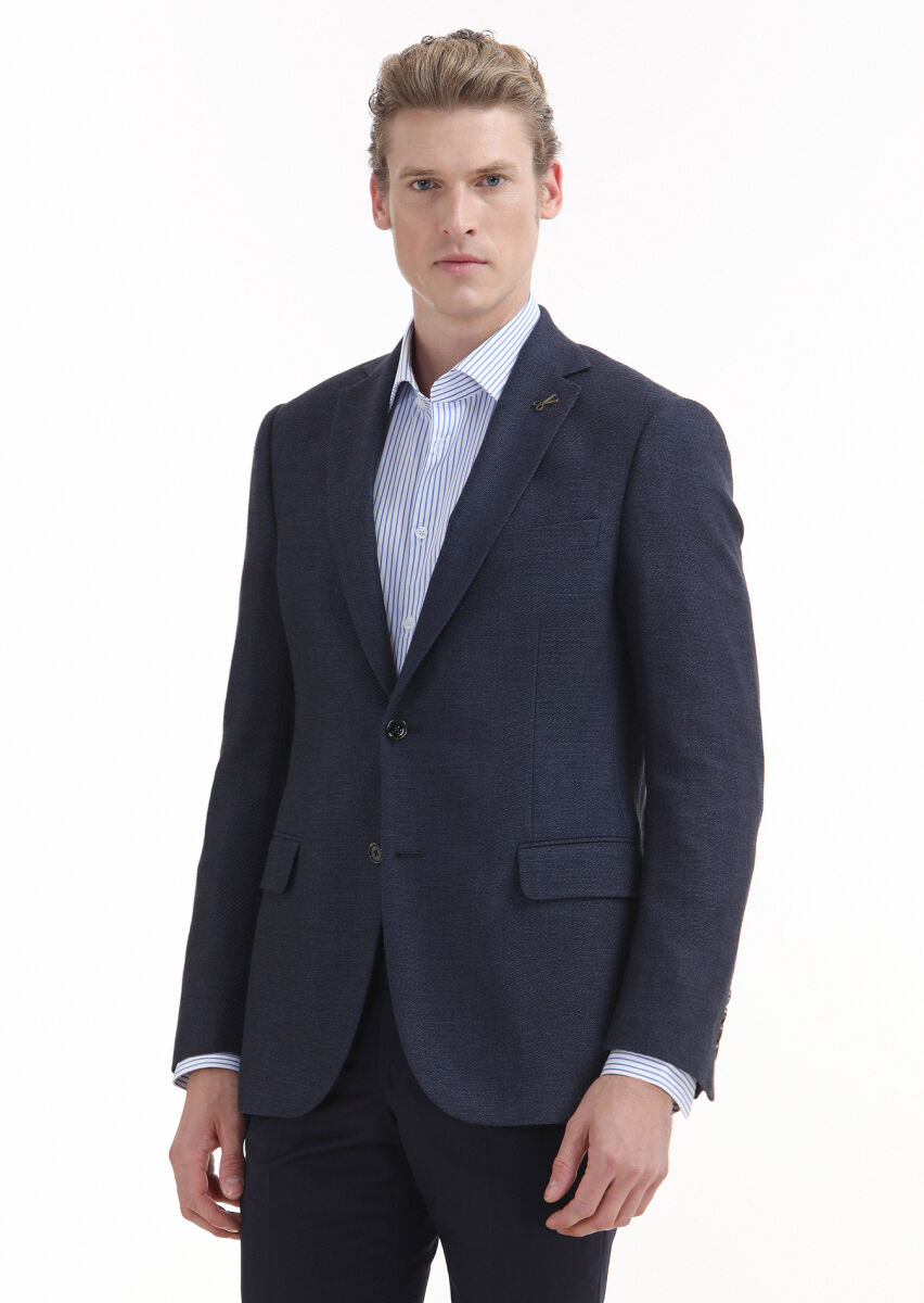 Navy Blue Patterned Regular Fit Cotton Blended Jacket - 1