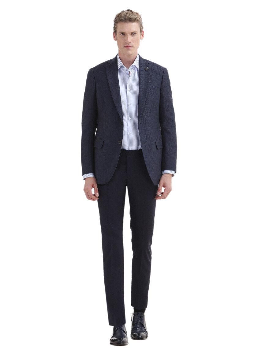 Navy Blue Patterned Regular Fit Cotton Blended Jacket - 2