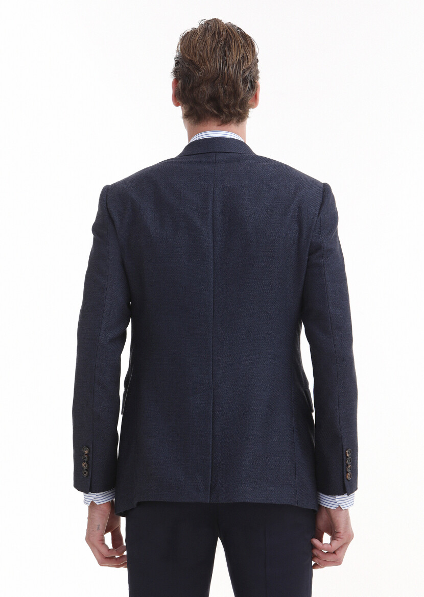 Navy Blue Patterned Regular Fit Cotton Blended Jacket - 3
