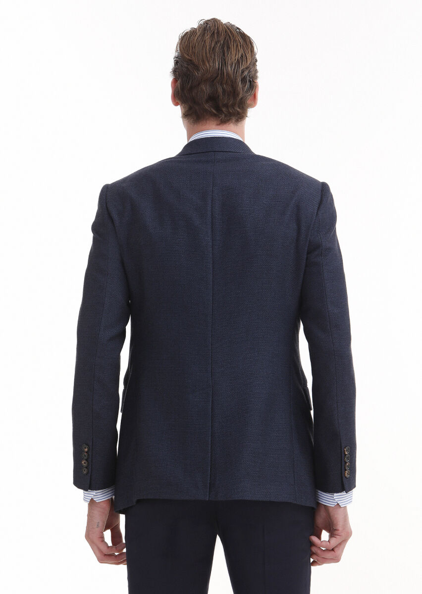 Navy Blue Patterned Regular Fit Cotton Blended Jacket - 3