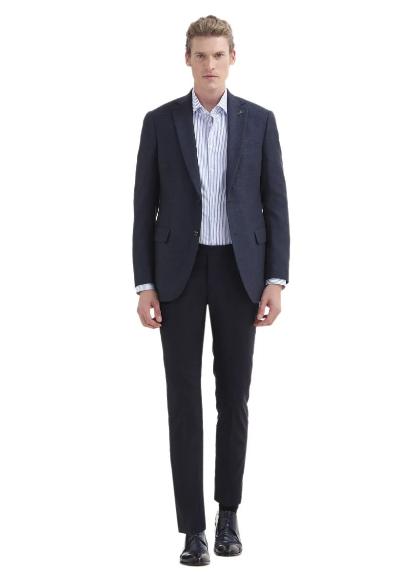 Navy Blue Patterned Regular Fit Cotton Blended Jacket - 2