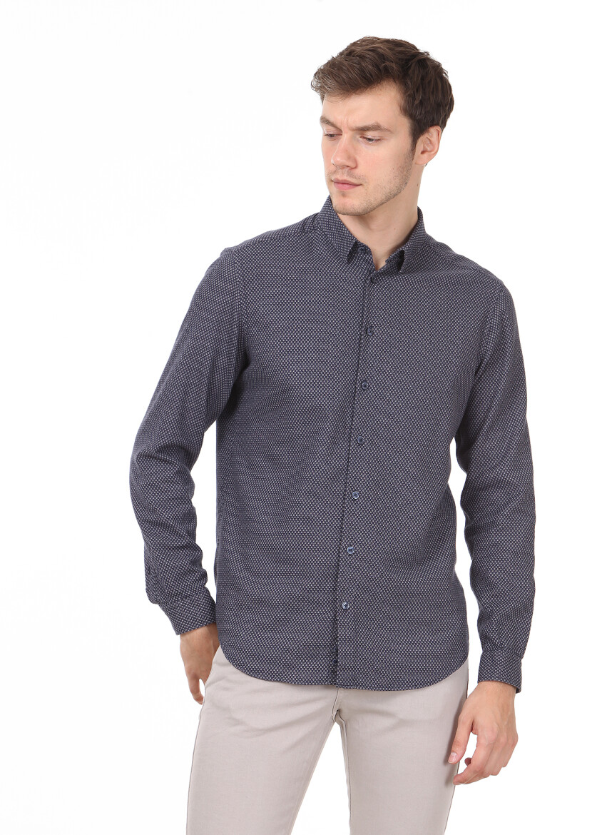 Navy Blue Patterned Regular Fit Long Weaving Casual 100% Cotton Shirt - 3