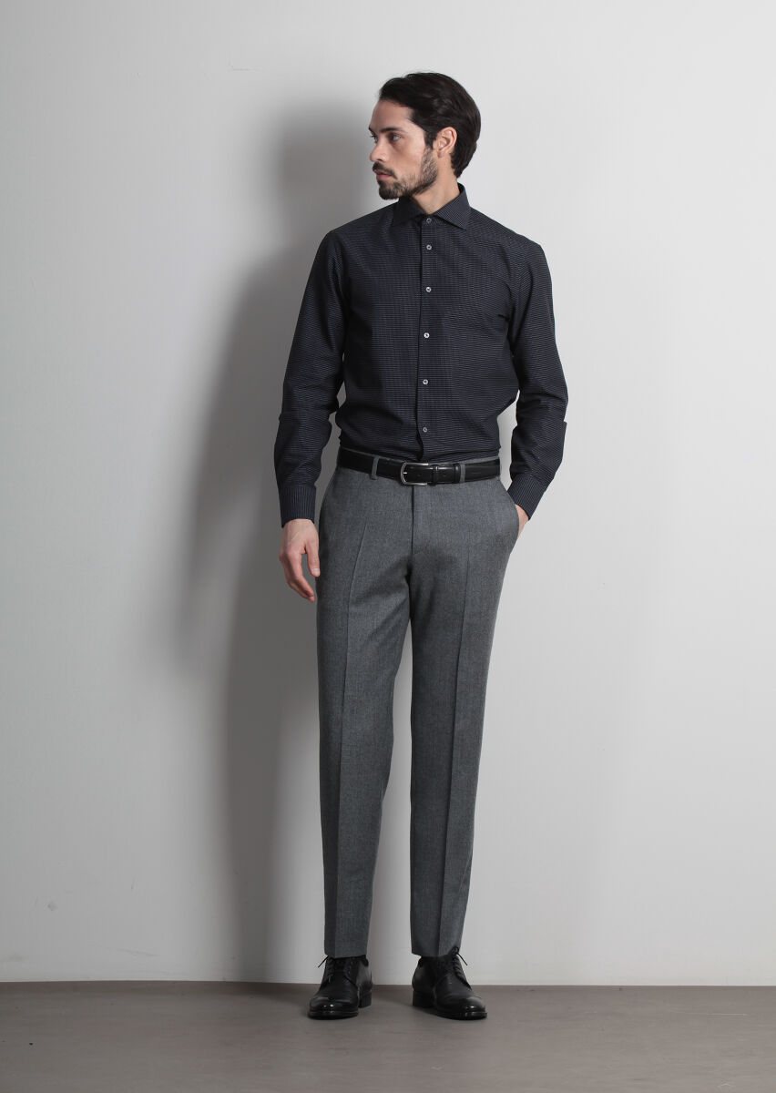 Navy Blue Patterned Regular Fit Long Weaving Classical 100% Cotton Shirt - 1