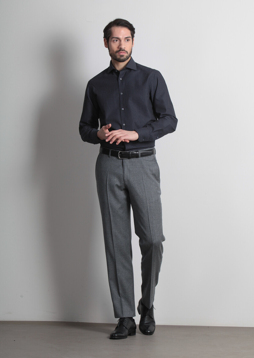 Navy Blue Patterned Regular Fit Long Weaving Classical 100% Cotton Shirt - 2