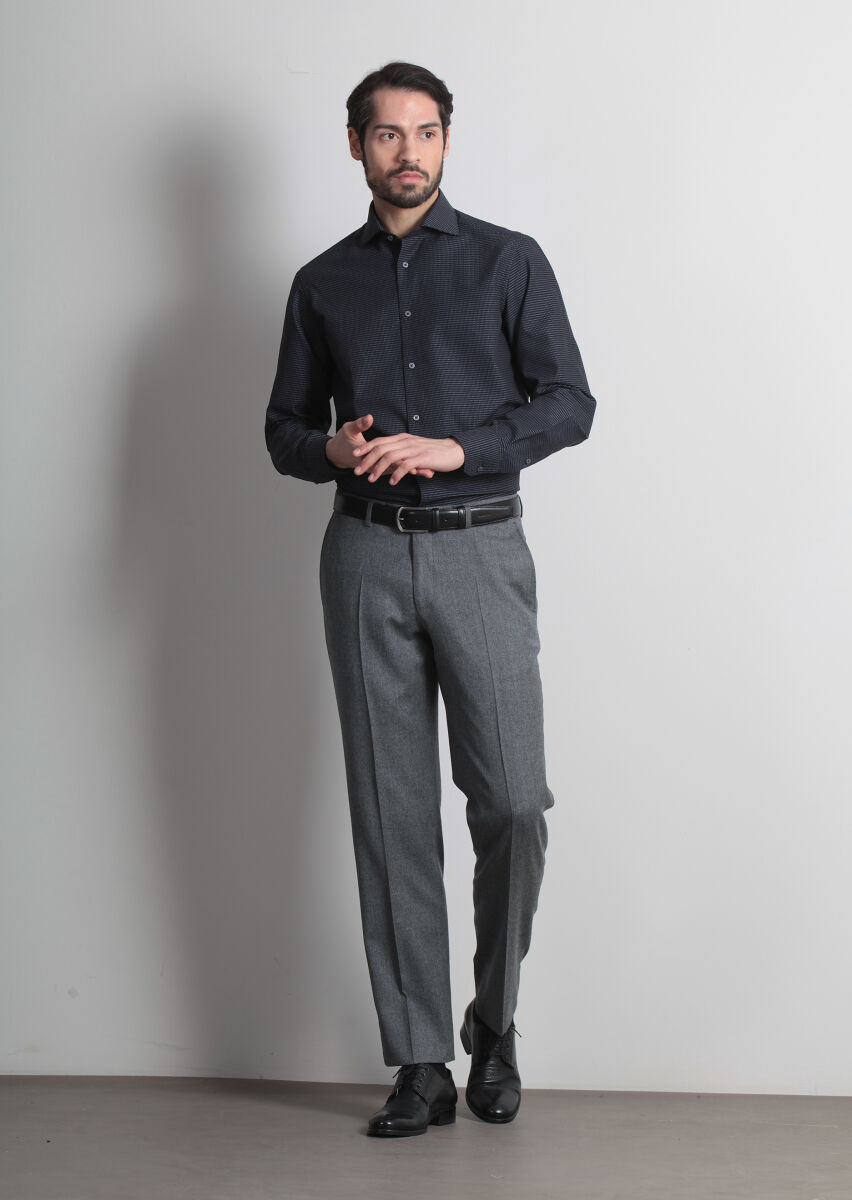 Navy Blue Patterned Regular Fit Long Weaving Classical 100% Cotton Shirt - 2