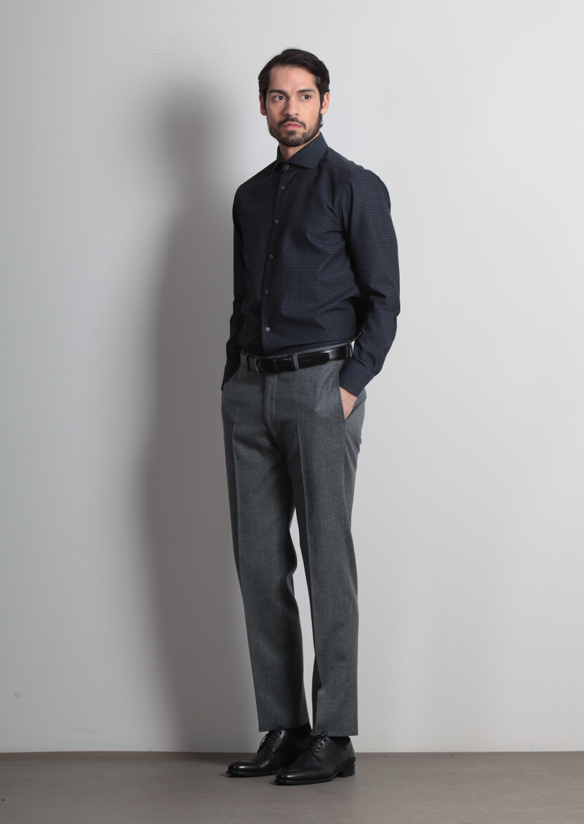 Navy Blue Patterned Regular Fit Long Weaving Classical 100% Cotton Shirt - 3